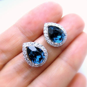 Blue and Green Teardrop Halo Crystal Stud Earrings