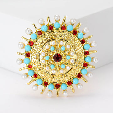 Gold Tone Sun Wheel Brooch With Turquoise and Red Bead Fringe