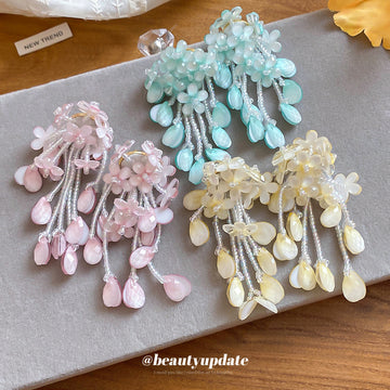 Pastel Beaded Flower Cluster Tassel Stud Earrings Statement Jewelry Pair