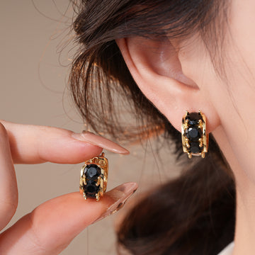 Black And Clear Crystal Gold Tone Huggie Hoops With Polished Metal Details