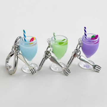 Miniature Fruit Drink Cup Charm Keychain With Mini Fork
