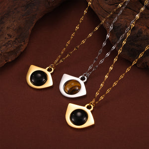 Eye Pendant Necklace Tiger Eye Or Black Glass Gold Steel