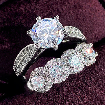 Silver Tone Round Stone and Floral Cluster Ring Set