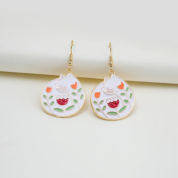Gold Tone Enamel Cat Flower Drop Earrings White Black Circles