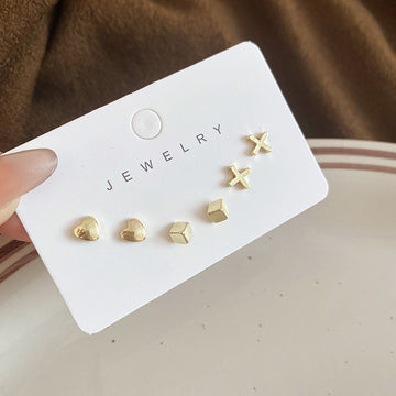 Gold Mini Stud Earring Set Heart Cube Cross 6 Piece