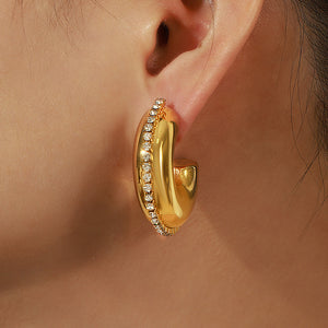 Thick C-Shape Hoop Earrings Crystal Rim Gold Or Steel