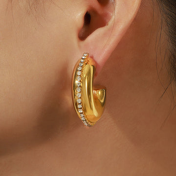 Thick C-Shape Hoop Earrings Crystal Rim Gold Or Steel