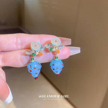 Blue Strawberry Floral Drop Earrings For Women Jewelry