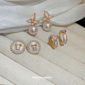 Gold Tone Pink Flower and Pearl Stud Earrings in Two Styles
