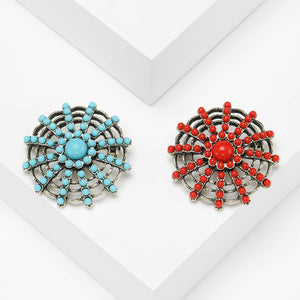 Round Beaded Sunburst Brooch with Crystal Accents in Two Colors