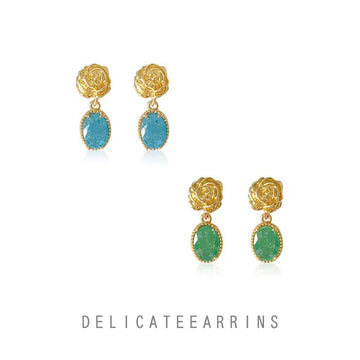 Gold Rose Stud Blue Ice Crystal Oval Drop Earrings Pair