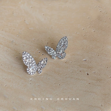 Silver Pave Crystal Butterfly Stud Earrings Clear Rhinestone Pair