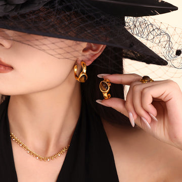 Tiger Eye C-Hoop Earrings And Open Bypass Stone Rings
