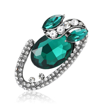 Green and Black Oval Crystal Brooch Curved Rhinestone