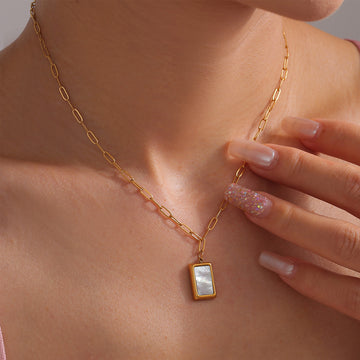 Square White Seashell Pendant Paperclip Chain Necklace