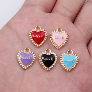 Gold Tone Beaded Heart Enamel Charms with Love Lettering