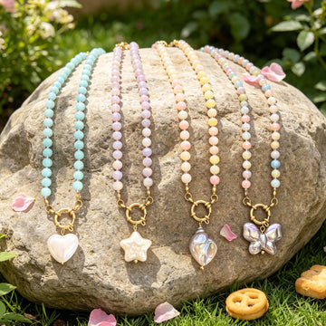 Colorful Round Bead Necklaces With Four Gold Tone Pendant Shapes