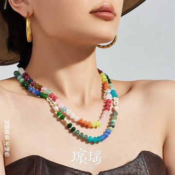 Colorful Natural Stone Rondelle Pearl Beaded Necklace 42.5+5cm