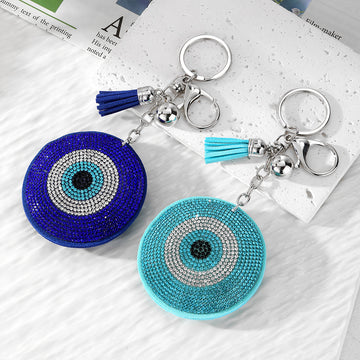 Large Rhinestone Evil Eye Round Tassel Bag Charm Keychains