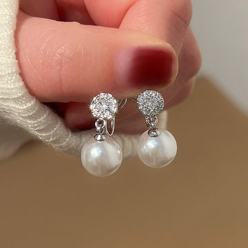 Silver Tone Crystal Stud and White Faux Pearl Drop Earrings