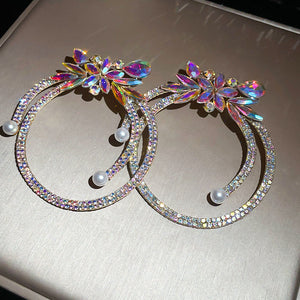 Rainbow Crystal Leaf Hoop Earrings with Silver Tone Rings