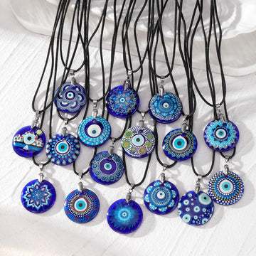 Black Cord Round Printed Glass Evil Eye Pendant Necklaces