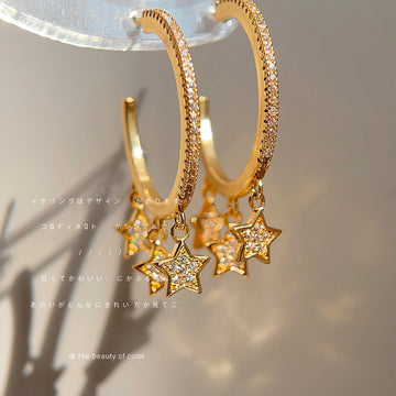 Gold Crystal Paved Hoop Multi Star Charm Drop Earrings
