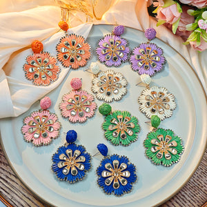 Woven Raffia Flower Drop Earrings with Gold-Tone Metal Petals, 6 Colors