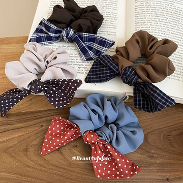 Fabric Scrunchie Bow Hair Ties Plaid Polka 4 Styles