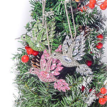 Rhinestone Hummingbird Metal Ornament Green Pink Clear