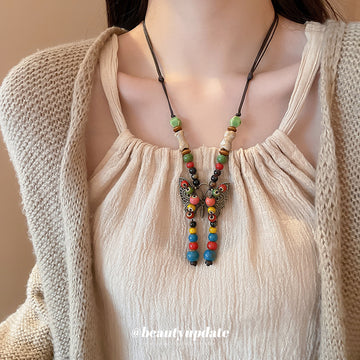 Colorful Bead Bronze Butterfly Pendant Cord Necklace