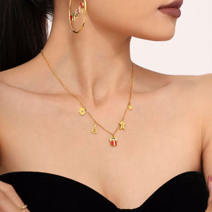Enamel Christmas Gift Box Charm Necklace Gold Stainless