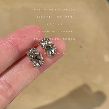 Silver Tone Three Smoke Gray Faceted Stone Drop Stud Earrings