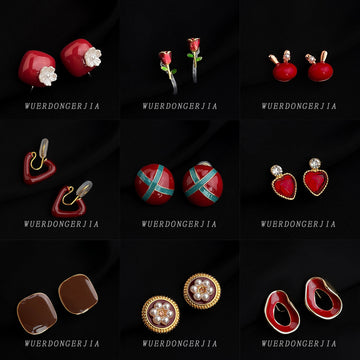 Gold Mosquito Coil Clip Earrings Assorted Wine Red Charms