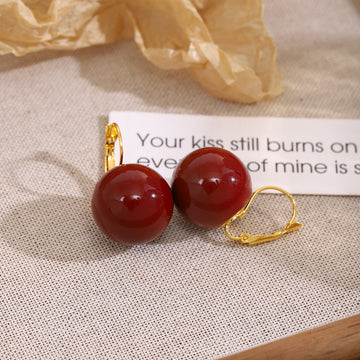 Dark Red Round Bead Gold Tone Small Hoop Dangle Earrings