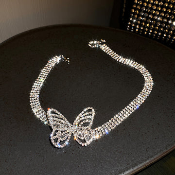 Silver Rhinestone Multi-Row Butterfly Choker Necklace Single Style