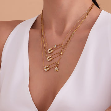 Stainless Steel Safety Pin Zircon Necklace Star Heart Charm