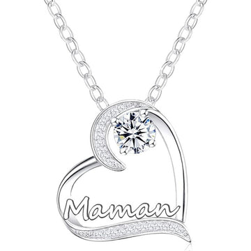 Silver Tone Mama Heart Crystal Pendant Necklace Polished Chain Fashion Jewelry