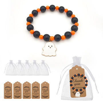 Black Orange Bead Cute Ghost Charm Stretch Bracelet