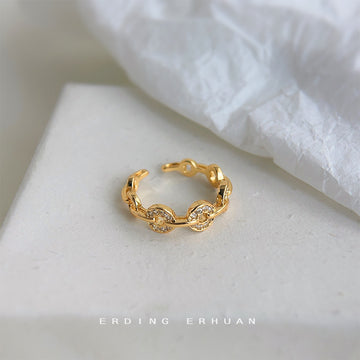 Gold Tone Clear Stone Chain Link Adjustable Open Ring For Women