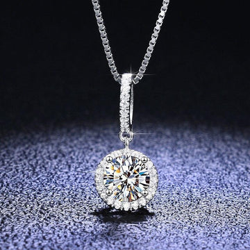Silver Tone Round Halo Pendant Necklace With Clear Stones