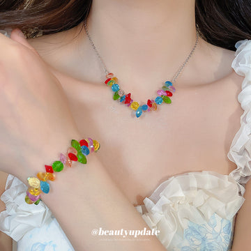 Multicolor Faceted Crystal Bead Stretch Bracelet Silver Necklace