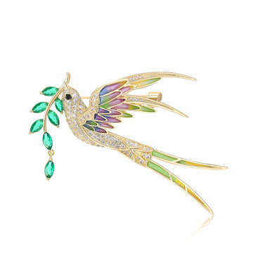 Flying Swallow Brooch with Green Leaf Drops and Crystal Wings
