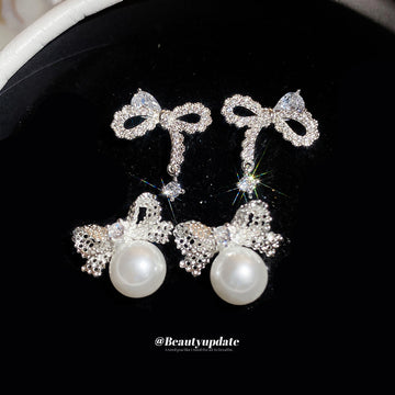 Silver Tone Crystal Bow and Pearl Earrings Statement Jewelry