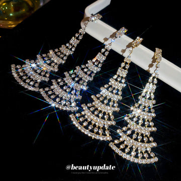 Tiered Crystal Fan Chandelier Earrings in Two Tones