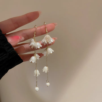 White Bellflower Cluster Pearl Chain Drop Earrings