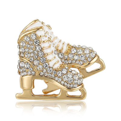 Front view of the crystal ice skate brooch in black and white enamel brooch and its color options