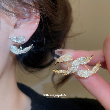 Gold Tone Crystal Leaf C Hoop Earrings Decorative Jewelry