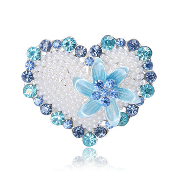 Pearl Heart Brooch Enamel Flower Blue or Pink Rhinestones
