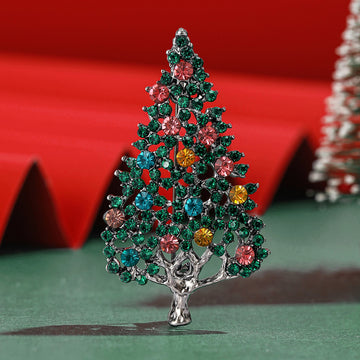 Silver Tone Hollow Christmas Tree Brooch Green Multicolor Stones